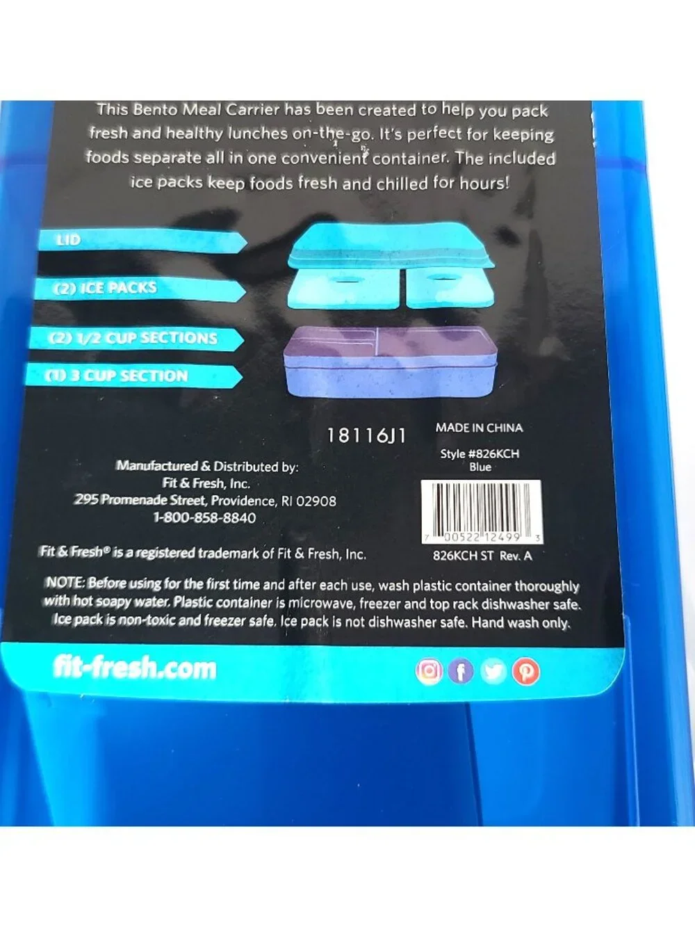 Fit & Fresh 4 Pc Bento Meal Carrier Blue 2 Snap In Ice Packs 3 Section w Lid NEW